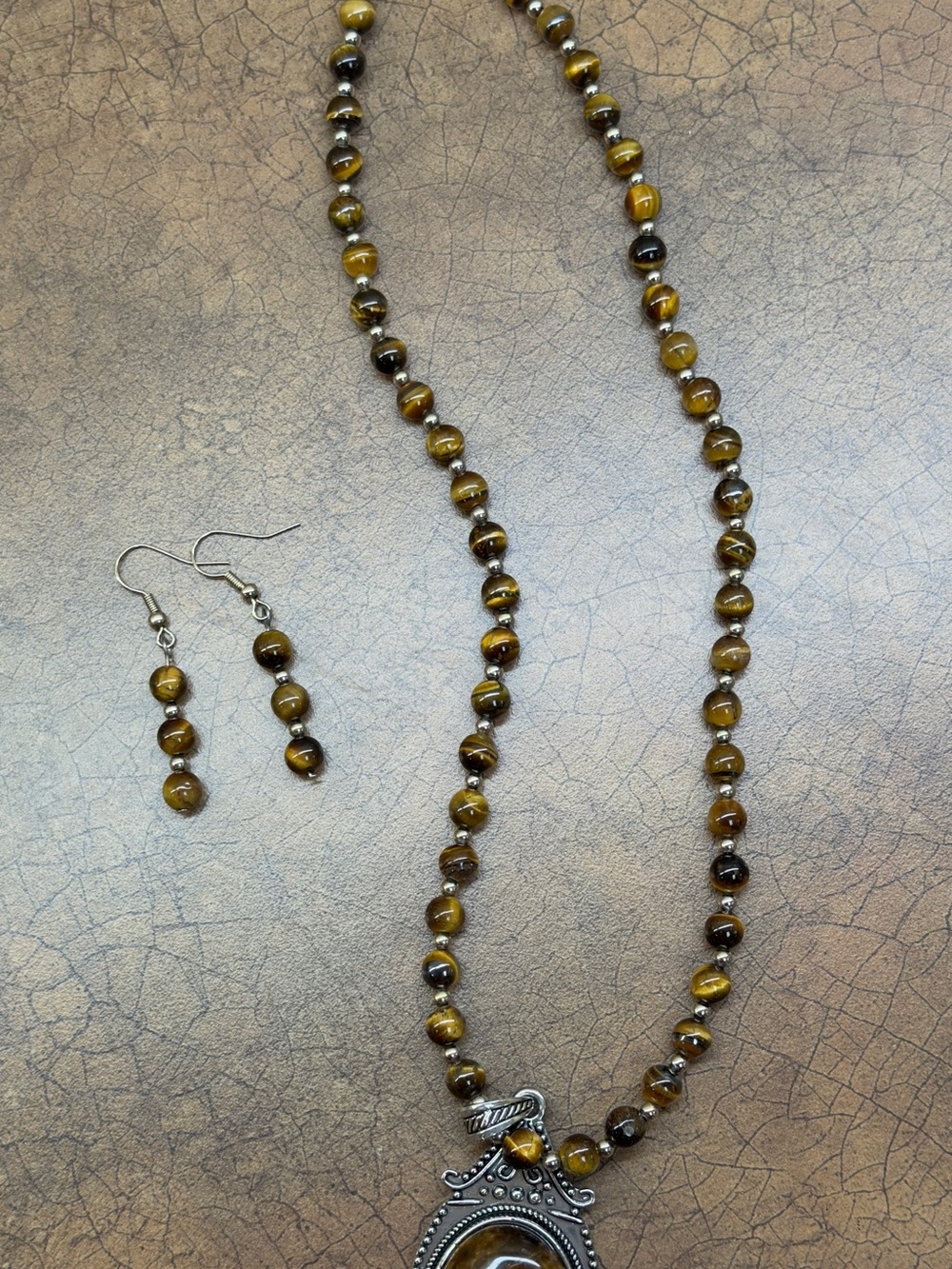 Tiger's Eye Beaded Necklace & Earrings Set - Brown Accent